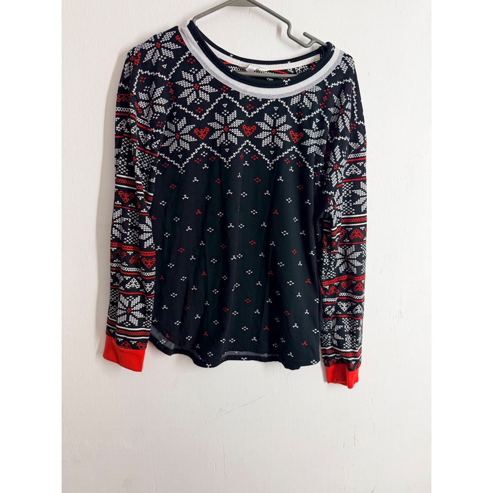 Secret Treasures Womens L 12-14 Pajama Top Black Red Fair Isle Holiday Snowflake